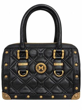 Metrocity Italy Quilted Black Leather Satchel Trunk Bag with Brass Accents